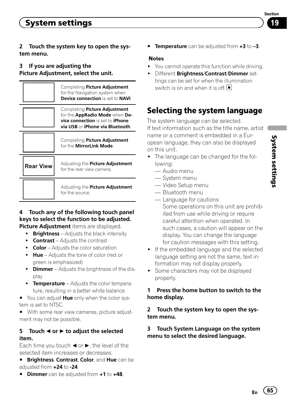 Selecting the system language, Navi, Apps | Source, System settings | Pioneer AVH-X2600BT User Manual | Page 65 / 100