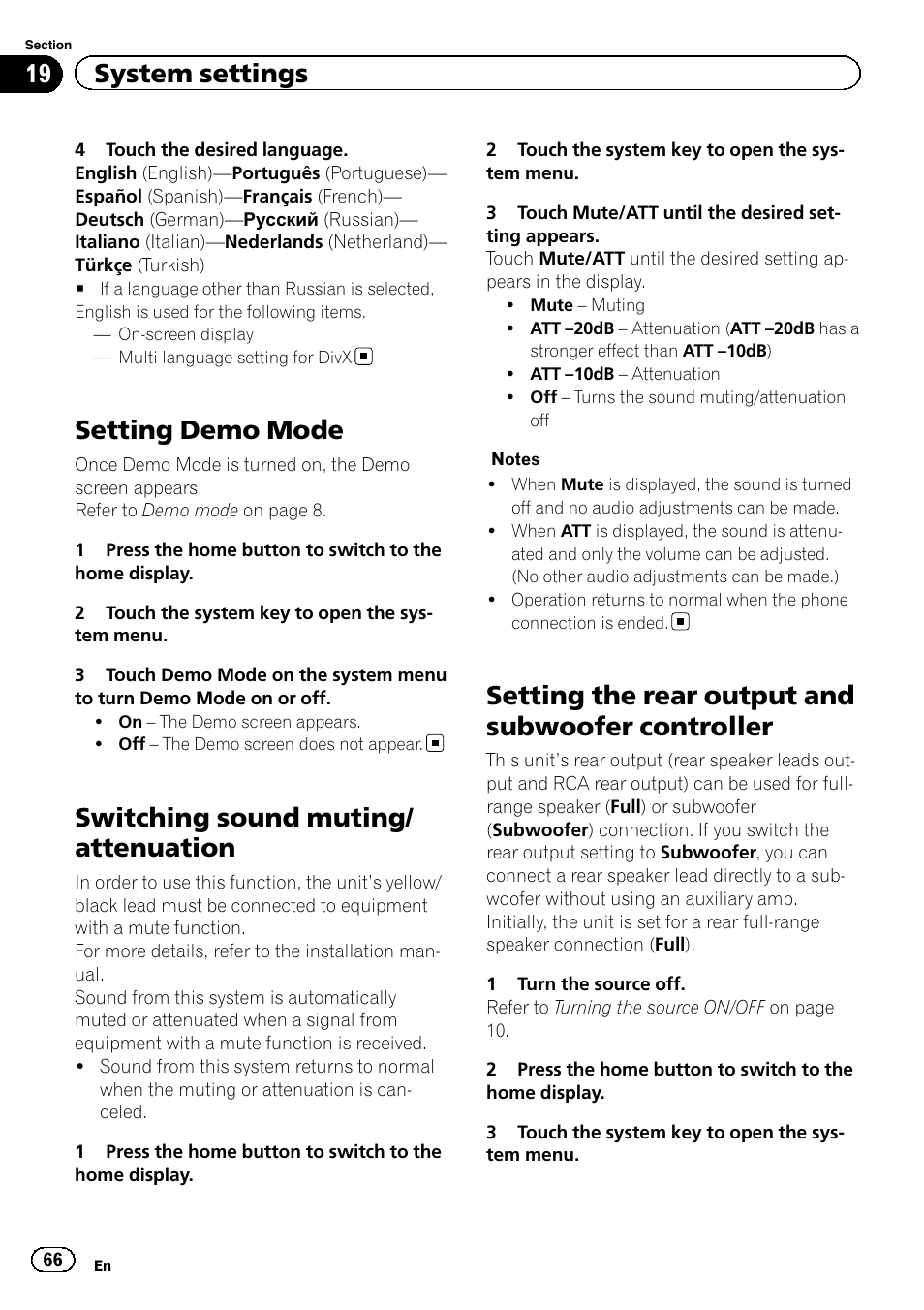 Setting demo mode, Switching sound muting/attenuation, Setting the rear output and subwoofer | Controller, Switching sound muting/ attenuation, Setting the rear output and subwoofer controller, 19 system settings | Pioneer AVH-X2600BT User Manual | Page 66 / 100