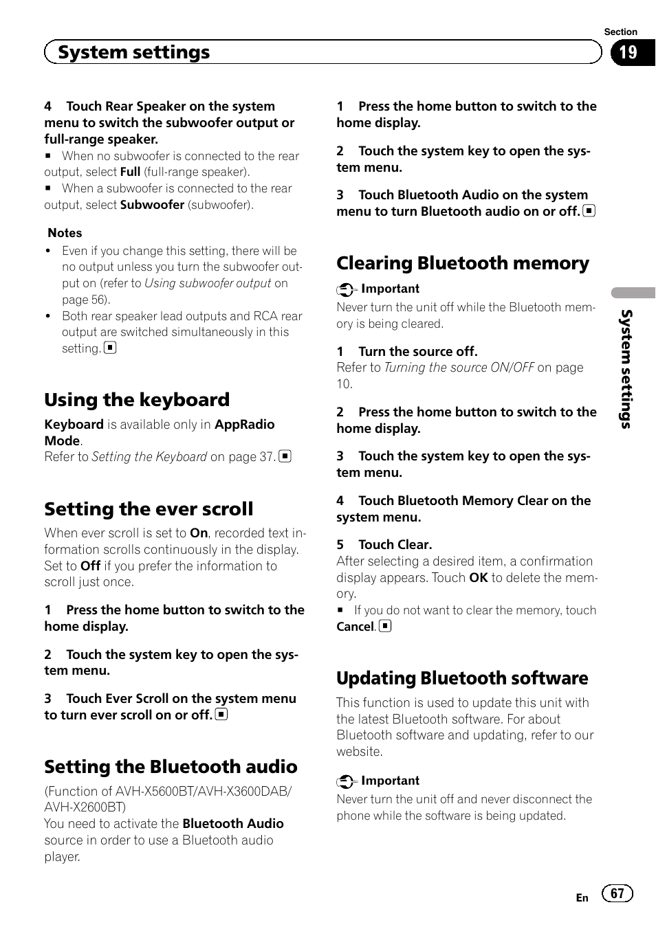 Using the keyboard, Setting the ever scroll, Setting the bluetooth audio | Clearing bluetooth memory, Updating bluetooth software, System settings | Pioneer AVH-X2600BT User Manual | Page 67 / 100