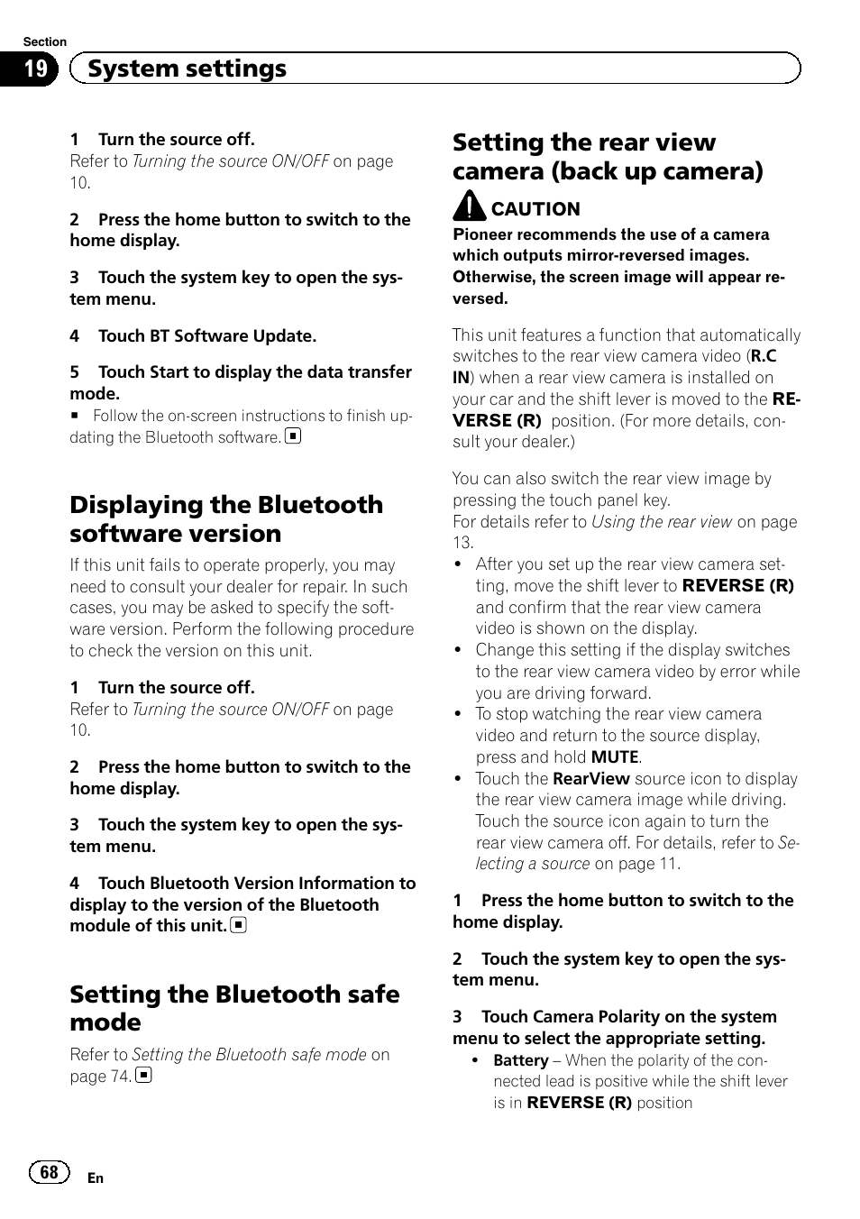 Displaying the bluetooth software, Version, Setting the bluetooth safe mode | Setting the rear view camera (back up, Camera), Displaying the bluetooth software version, Setting the rear view camera (back up camera), 19 system settings | Pioneer AVH-X2600BT User Manual | Page 68 / 100