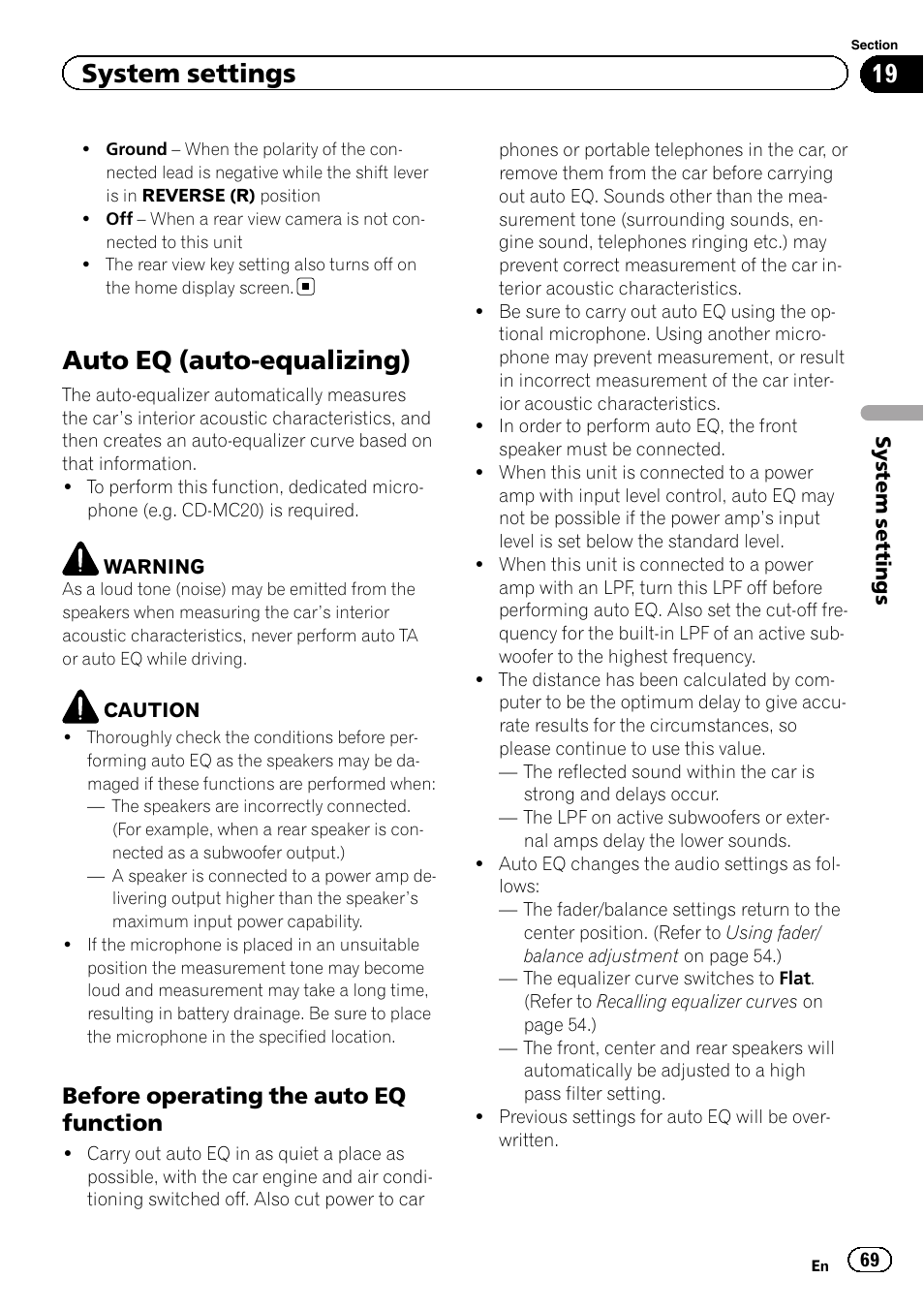 Auto eq (auto-equalizing), System settings, Before operating the auto eq function | Pioneer AVH-X2600BT User Manual | Page 69 / 100