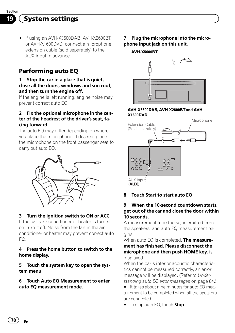 19 system settings, Performing auto eq | Pioneer AVH-X2600BT User Manual | Page 70 / 100