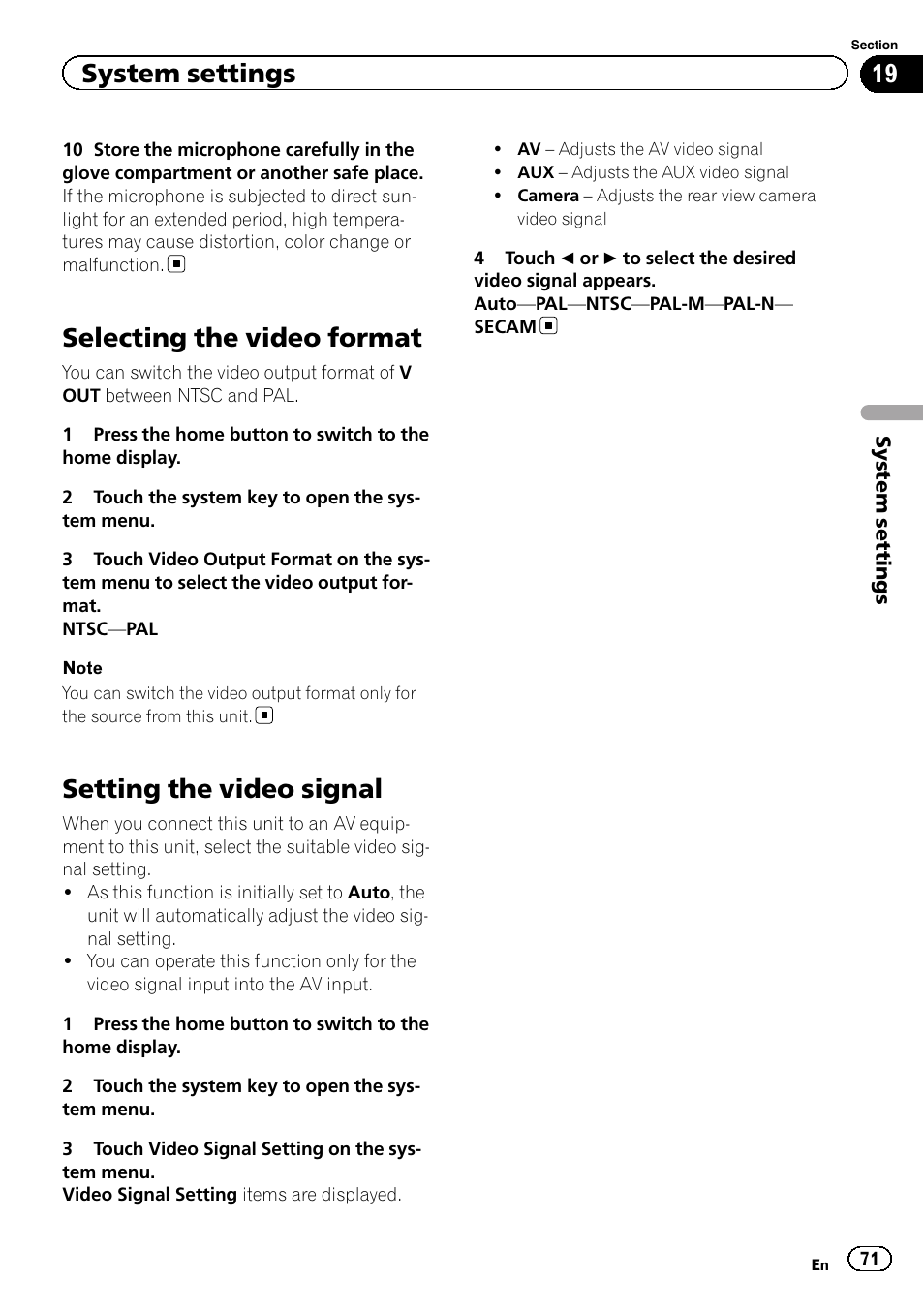 Selecting the video format, Setting the video signal, System settings | Pioneer AVH-X2600BT User Manual | Page 71 / 100