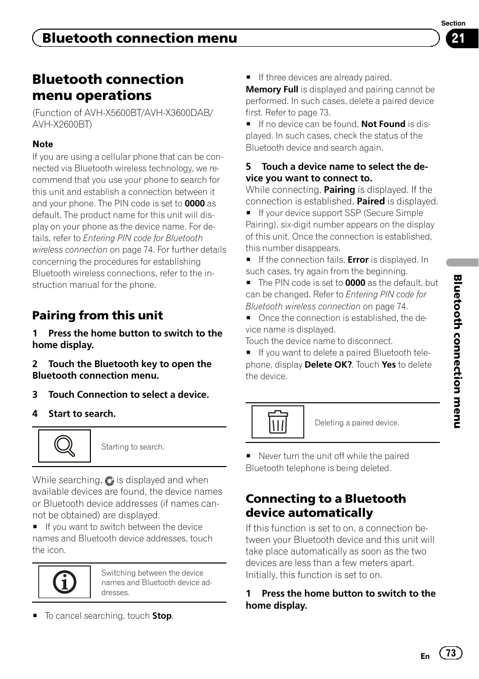 Bluetooth connection menu operations, Bluetooth connection menu, Pairing from this unit | Connecting to a bluetooth device automatically | Pioneer AVH-X2600BT User Manual | Page 73 / 100