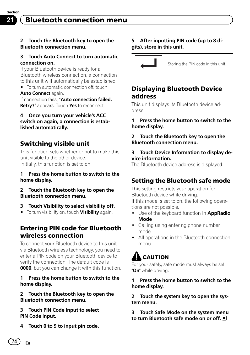 21 bluetooth connection menu, Switching visible unit, Displaying bluetooth device address | Setting the bluetooth safe mode | Pioneer AVH-X2600BT User Manual | Page 74 / 100