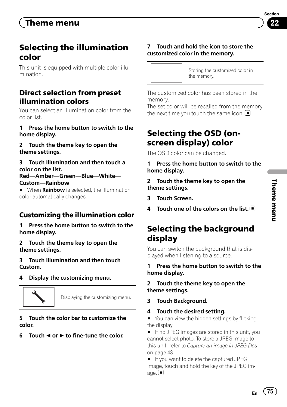 Theme menu selecting the illumination color, Selecting the osd (on-screen display), Color | Selecting the background display, Selecting the, Selecting the illumination color, Selecting the osd (on- screen display) color, Theme menu | Pioneer AVH-X2600BT User Manual | Page 75 / 100