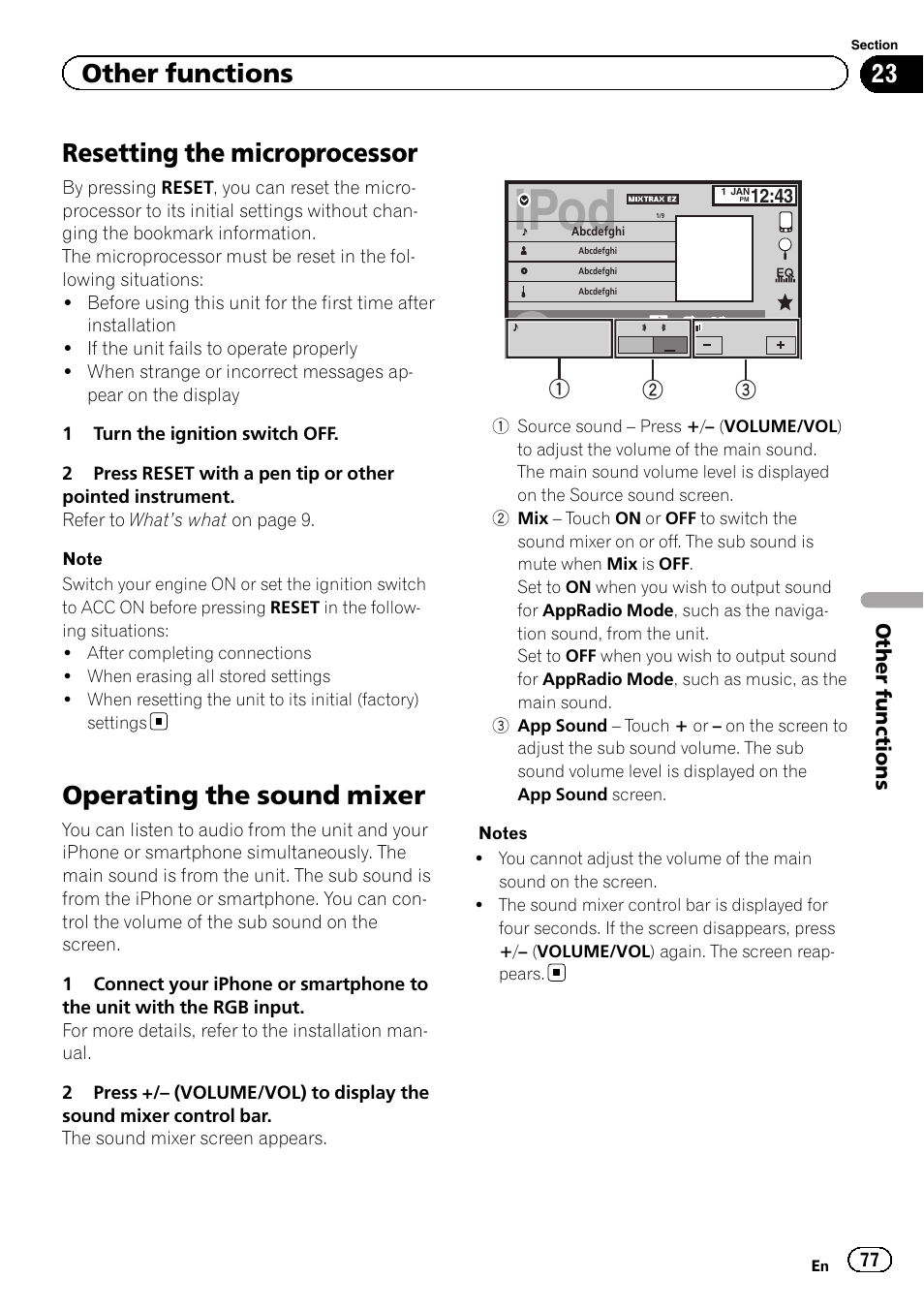 Resetting the microprocessor, Operating the sound mixer, Ipod | Other functions | Pioneer AVH-X2600BT User Manual | Page 77 / 100