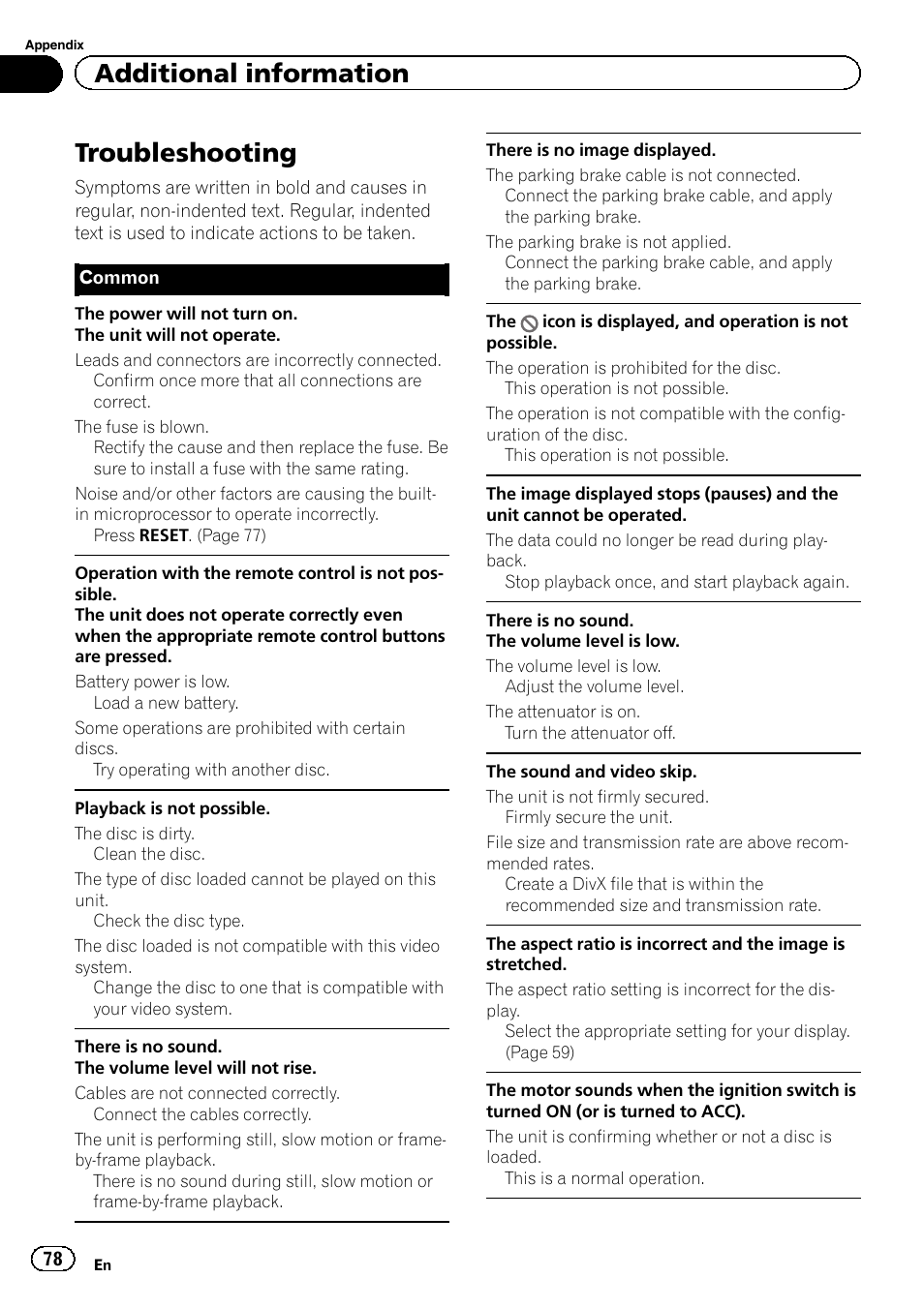 Additional information troubleshooting, Troubleshooting, Additional information | Pioneer AVH-X2600BT User Manual | Page 78 / 100