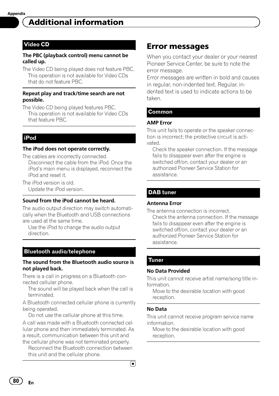 Error messages, Additional information | Pioneer AVH-X2600BT User Manual | Page 80 / 100