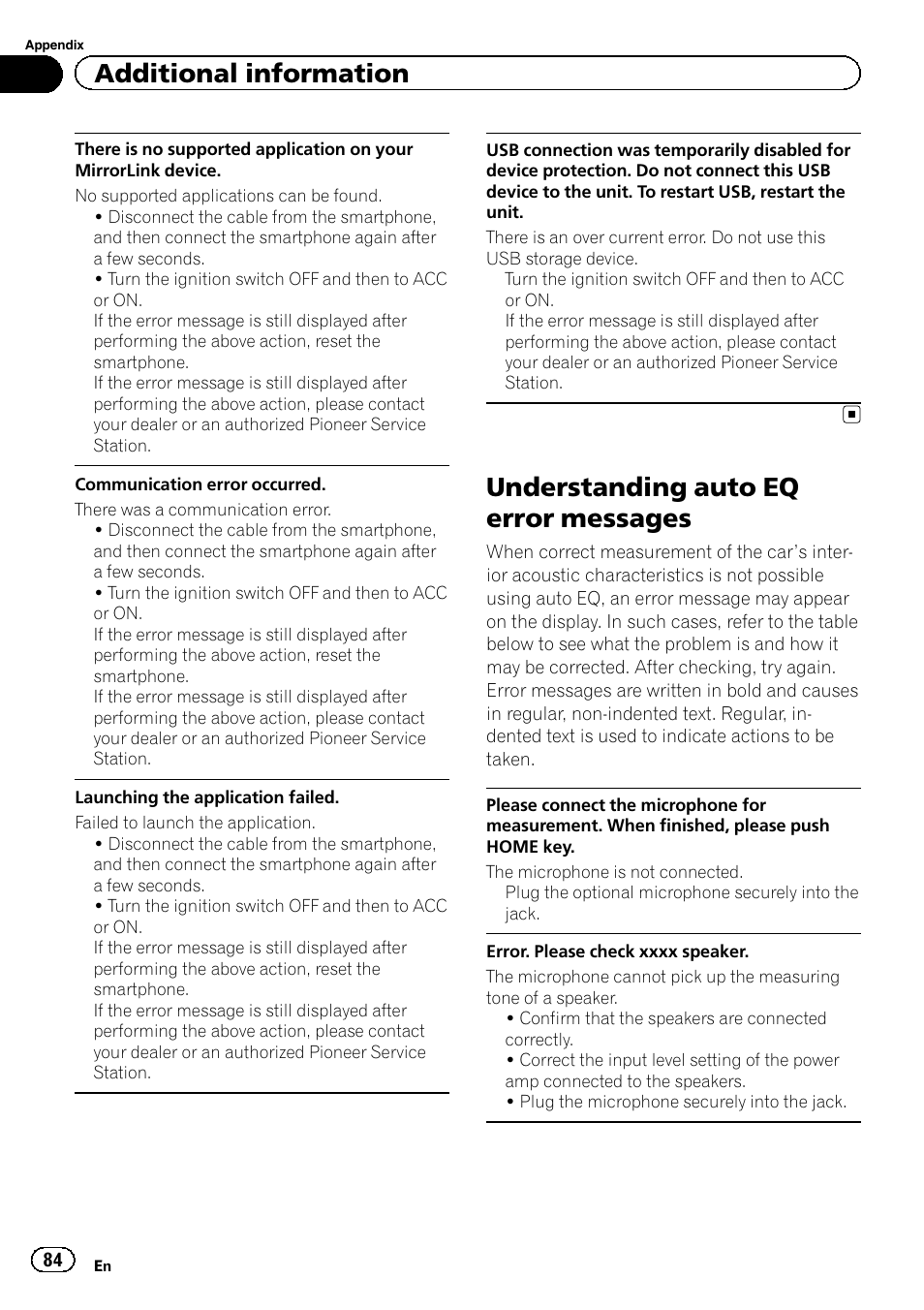 Understanding auto eq error messages, Additional information | Pioneer AVH-X2600BT User Manual | Page 84 / 100