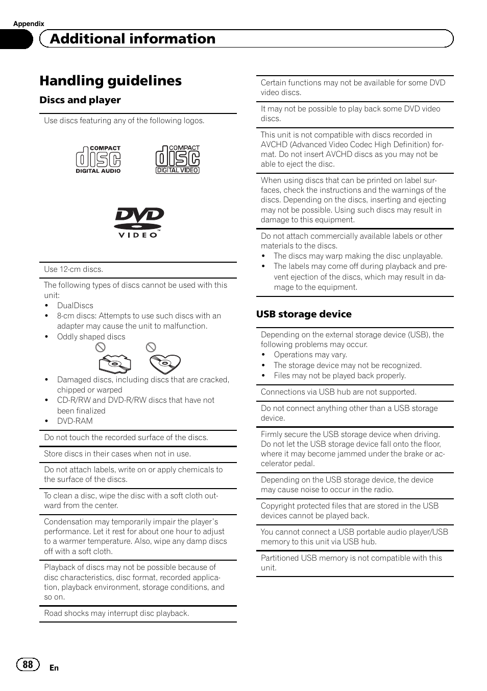 Handling guidelines, Additional information | Pioneer AVH-X2600BT User Manual | Page 88 / 100