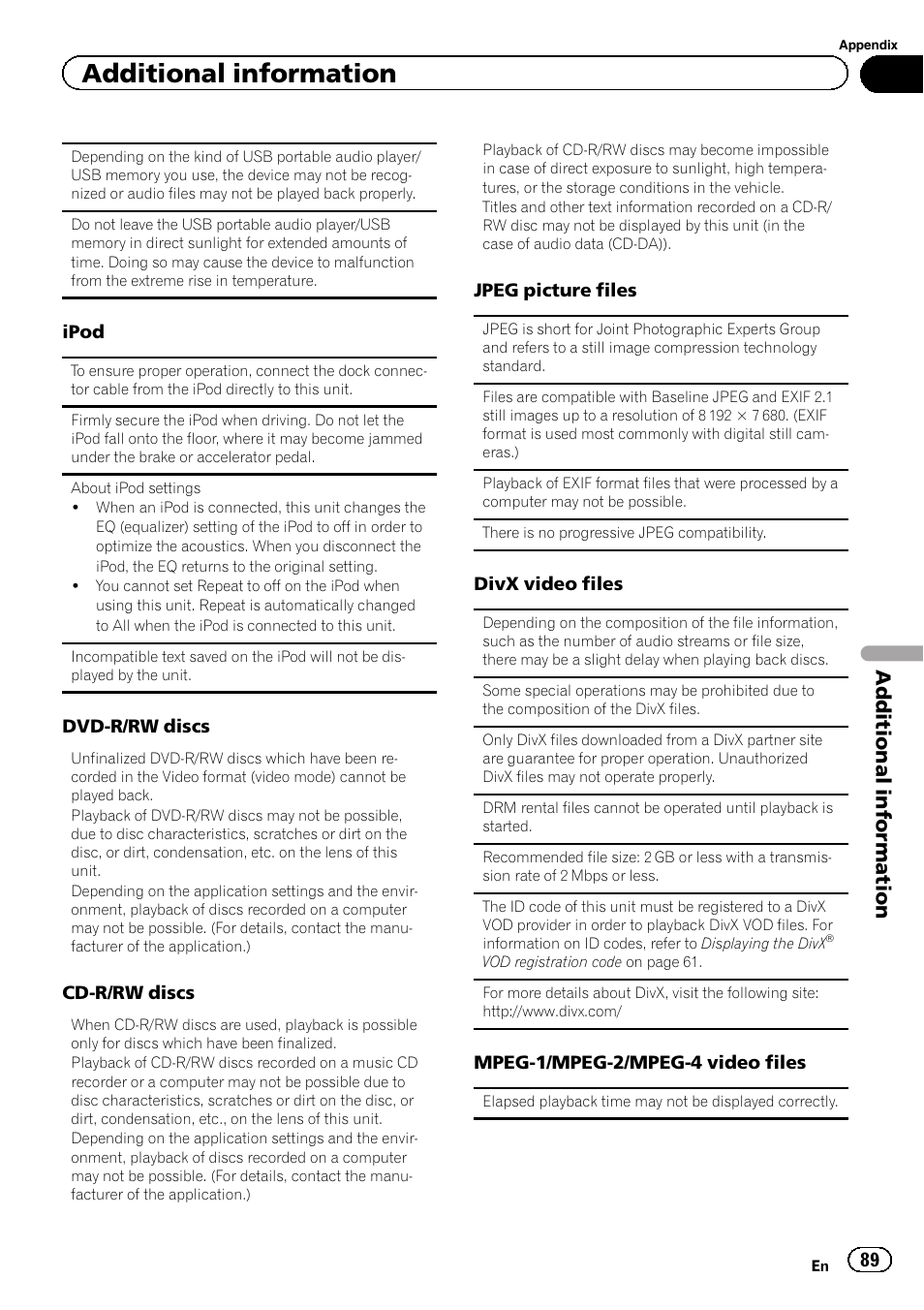 Additional information | Pioneer AVH-X2600BT User Manual | Page 89 / 100