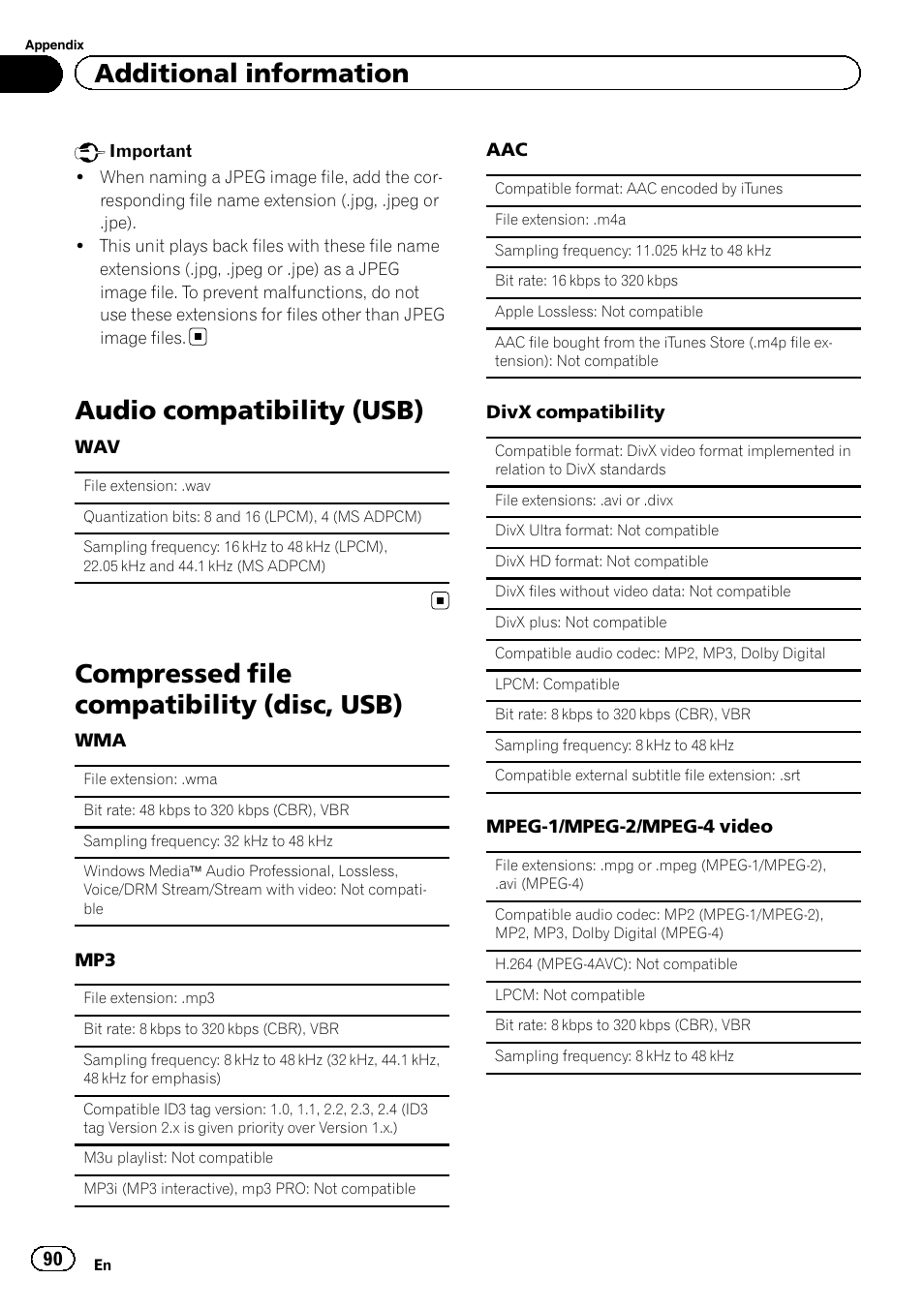 Audio compatibility (usb), Compressed file compatibility (disc, Usb) | Compressed file compatibility (disc, usb), Additional information | Pioneer AVH-X2600BT User Manual | Page 90 / 100