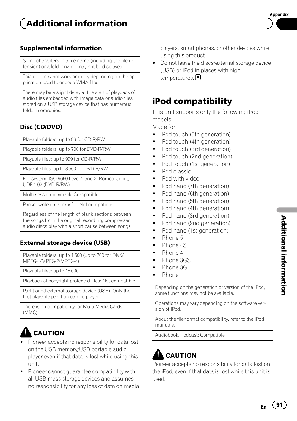 Ipod compatibility, Additional information | Pioneer AVH-X2600BT User Manual | Page 91 / 100
