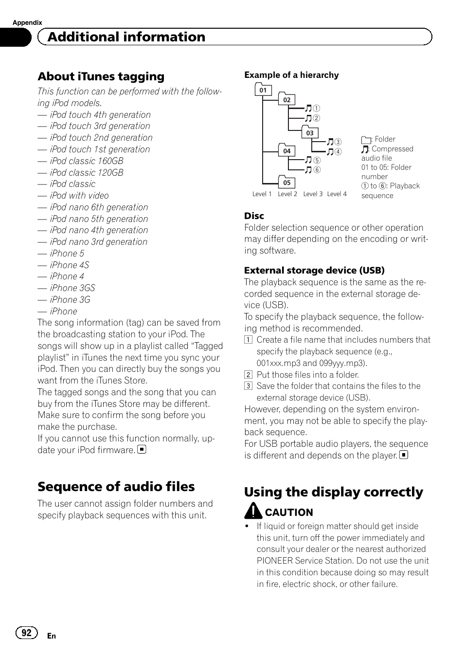 Sequence of audio files, Using the display correctly, Additional information | About itunes tagging | Pioneer AVH-X2600BT User Manual | Page 92 / 100