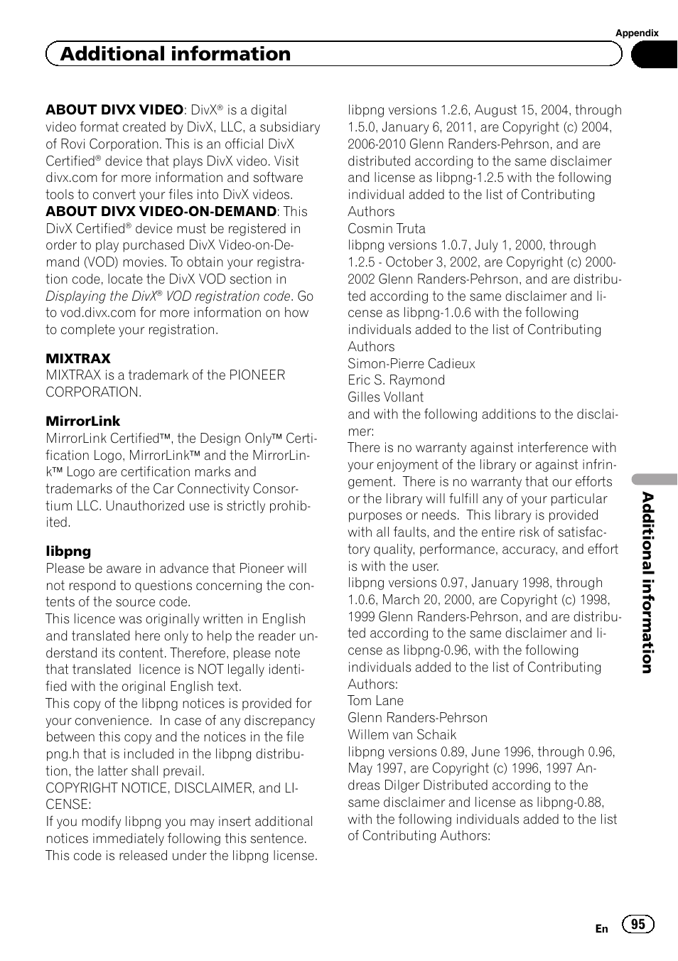 Additional information | Pioneer AVH-X2600BT User Manual | Page 95 / 100
