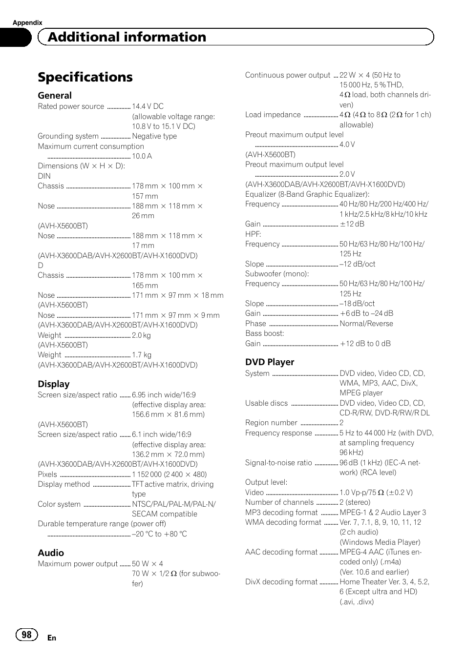 Specifications, Additional information | Pioneer AVH-X2600BT User Manual | Page 98 / 100