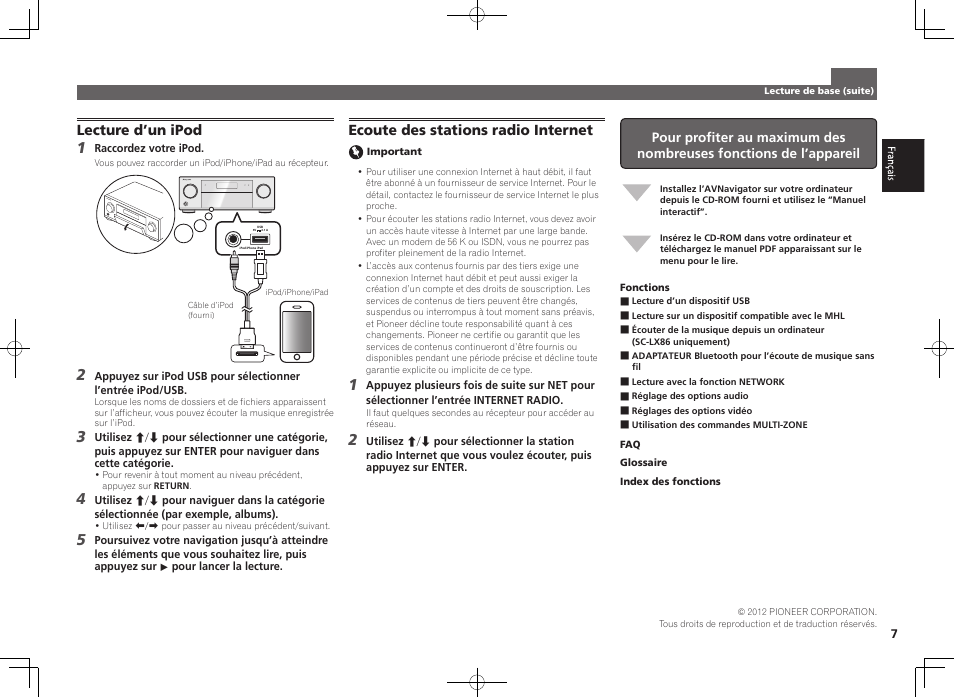 Lecture d’un ipod, Ecoute des stations radio internet | Pioneer SC-LX76-S User Manual | Page 13 / 48