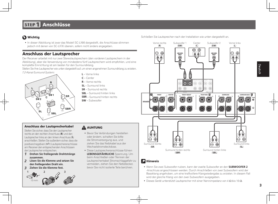 Anschlüsse, Anschluss der lautsprecher | Pioneer SC-LX76-S User Manual | Page 15 / 48