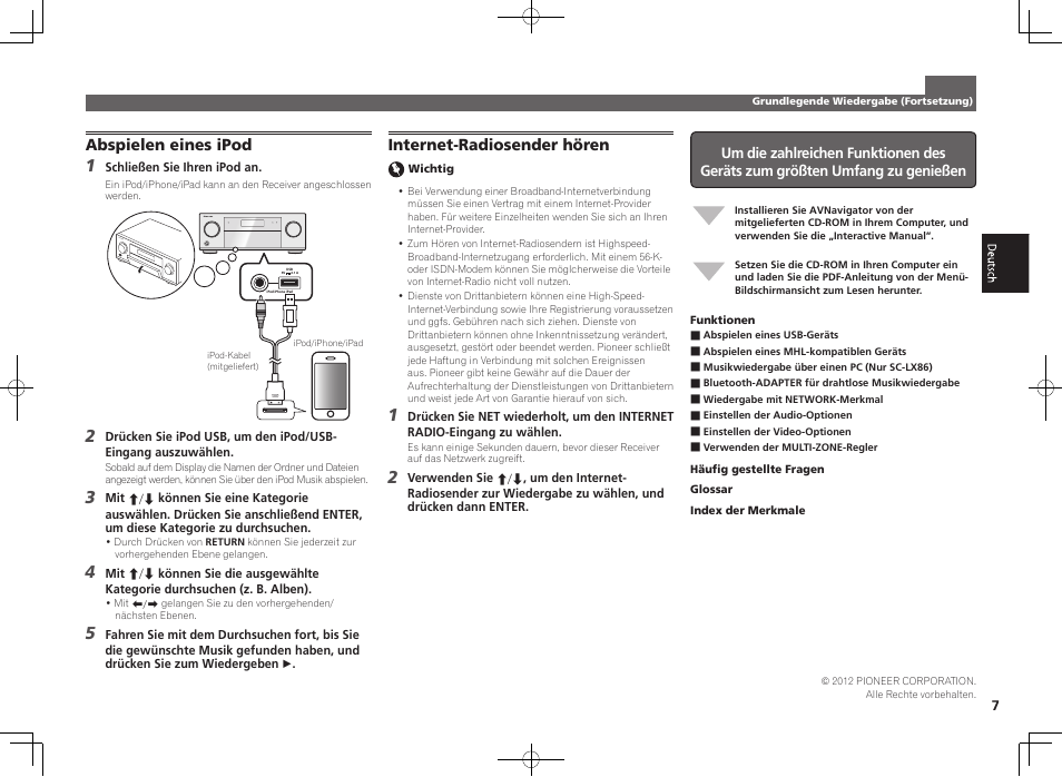 Abspielen eines ipod, Internet-radiosender hören | Pioneer SC-LX76-S User Manual | Page 19 / 48