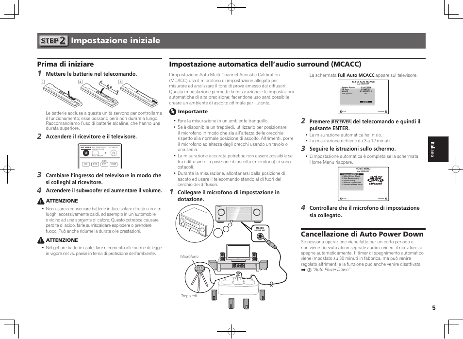 Impostazione iniziale, Prima di iniziare, Cancellazione di auto power down | Pioneer SC-LX76-S User Manual | Page 23 / 48