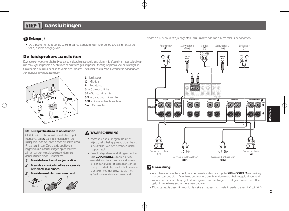 Aansluitingen, De luidsprekers aansluiten | Pioneer SC-LX76-S User Manual | Page 27 / 48