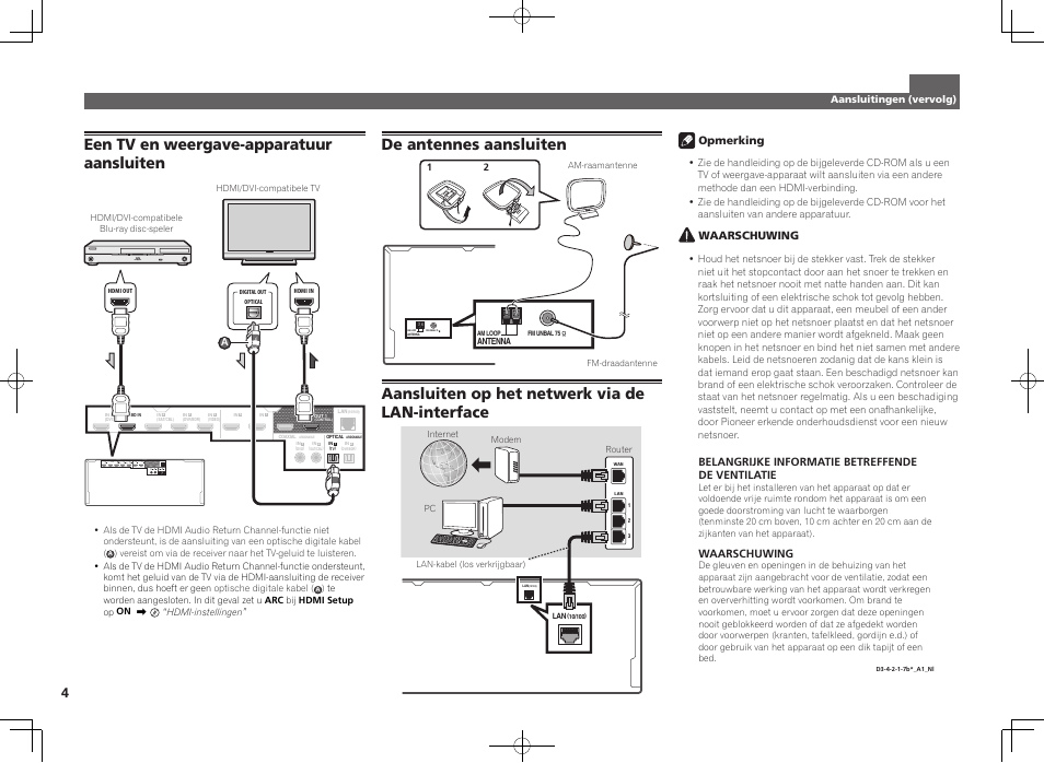 Een tv en weergave-apparatuur aansluiten, De antennes aansluiten, Aansluiten op het netwerk via de lan-interface | Pioneer SC-LX76-S User Manual | Page 28 / 48