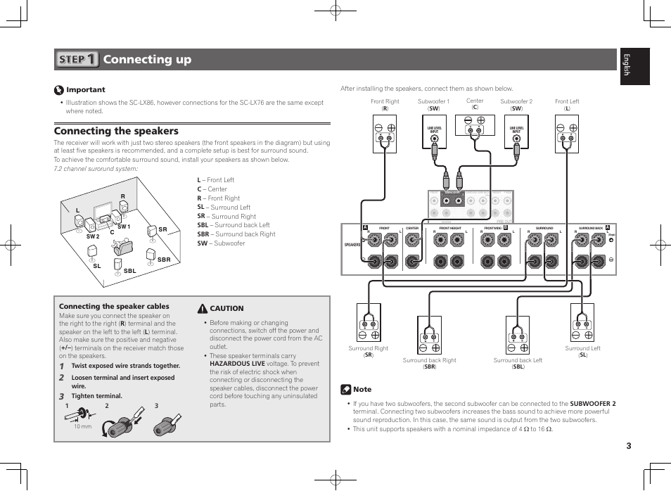 Connecting up, Connecting the speakers | Pioneer SC-LX76-S User Manual | Page 3 / 48