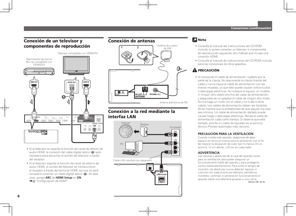 Conexión de antenas, Conexión a la red mediante la interfaz lan | Pioneer SC-LX76-S User Manual | Page 34 / 48