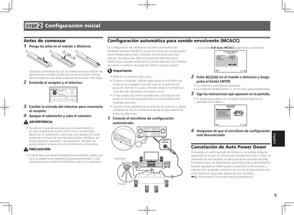 Configuración inicial, Antes de comenzar, Cancelación de auto power down | Pioneer SC-LX76-S User Manual | Page 35 / 48