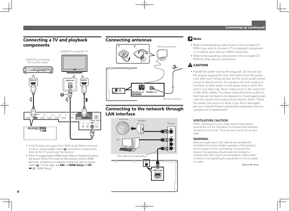 Connecting a tv and playback components, Connecting antennas, Connecting to the network through lan interface | Pioneer SC-LX76-S User Manual | Page 4 / 48