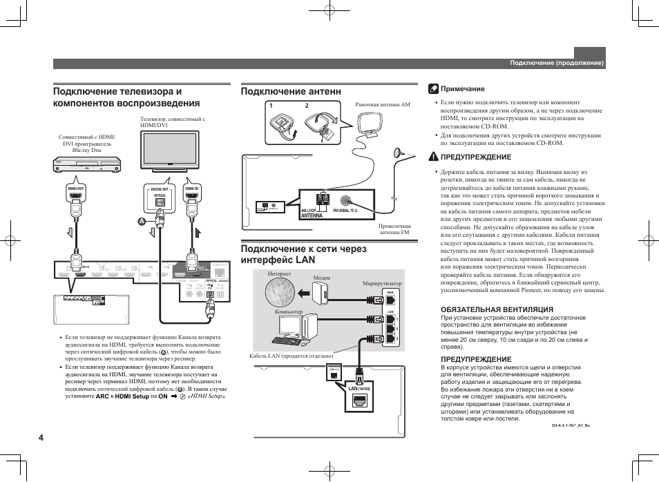 Подключение антенн, Подключение к сети через интерфейс lan | Pioneer SC-LX76-S User Manual | Page 40 / 48