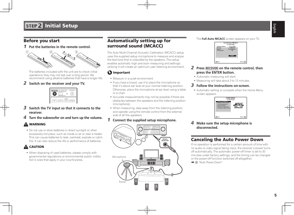 Initial setup, Before you start, Canceling the auto power down | Pioneer SC-LX76-S User Manual | Page 5 / 48