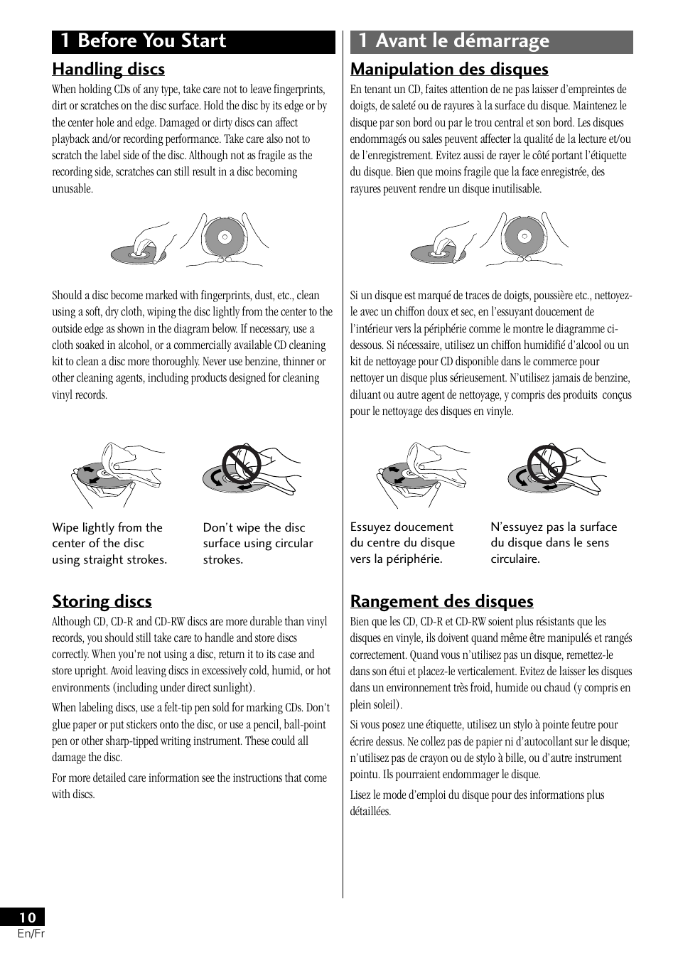 1 before you start 1 avant le démarrage, Handling discs, Storing discs | Manipulation des disques, Rangement des disques | Pioneer PDR-L77 User Manual | Page 10 / 122