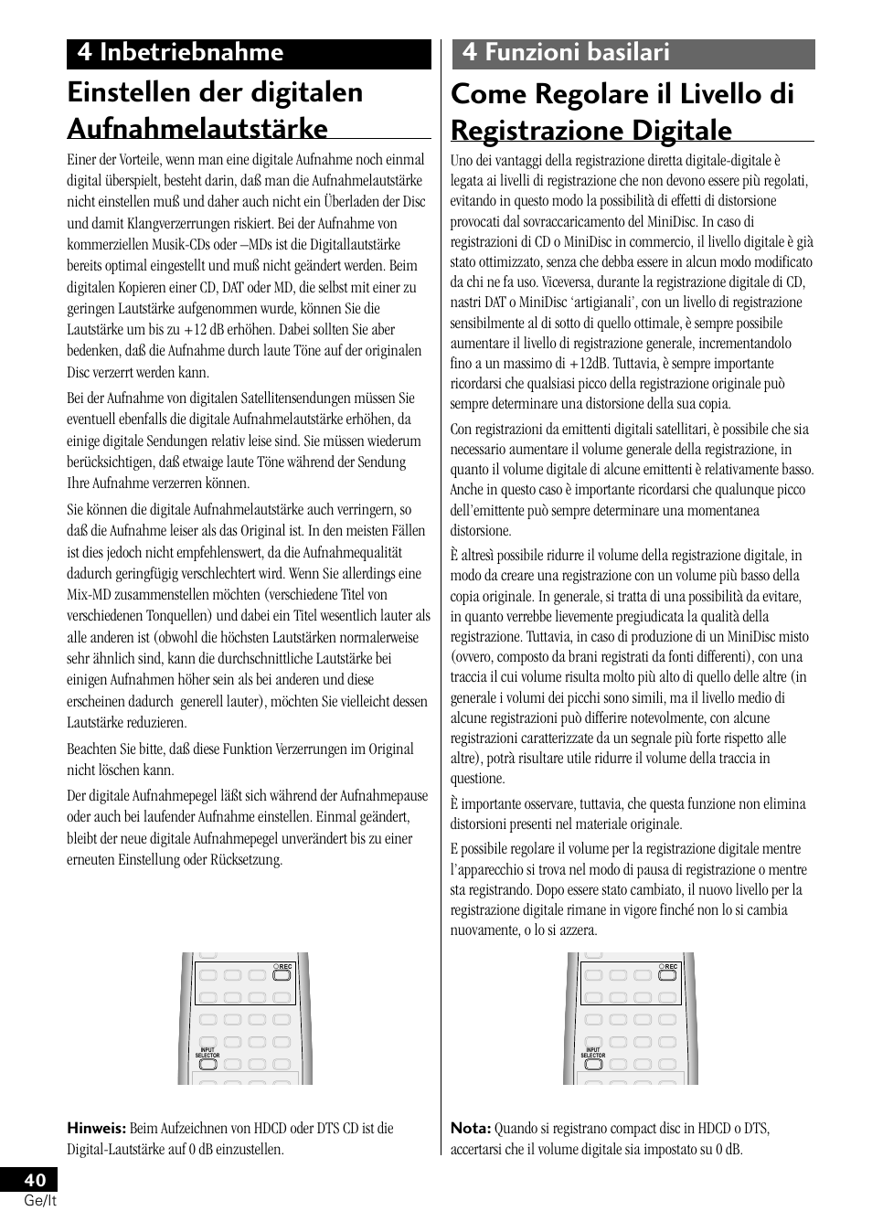 Einstellen der digitalen aufnahmelautstärke, Come regolare il livello di registrazione digitale, 4 inbetriebnahme 4 funzioni basilari | Pioneer PDR-L77 User Manual | Page 100 / 122