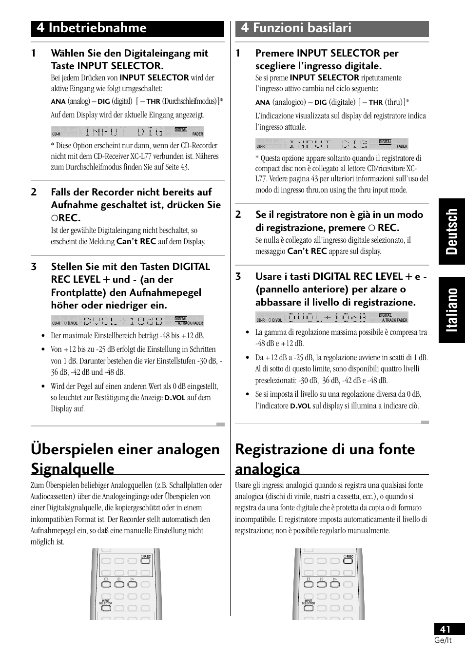 Überspielen einer analogen signalquelle, Registrazione di una fonte analogica, Analog) | Digital), Auf dem display auf, Analogico), Digitale), Sul display si illumina a indicare ciò | Pioneer PDR-L77 User Manual | Page 101 / 122