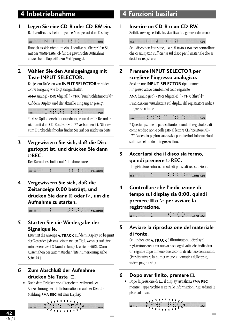 4 inbetriebnahme 4 funzioni basilari, 1legen sie eine cd-r oder cd-rw ein, 5starten sie die wiedergabe der signalquelle | 6zum abschluß der aufnahme drücken sie taste, 1inserire un cd-r o un cd-rw, 5avviare la riproduzione del materiale di fonte, 6dopo aver finito, premere, Analog), Digital), Der recorder schaltet auf aufnahmepause | Pioneer PDR-L77 User Manual | Page 102 / 122