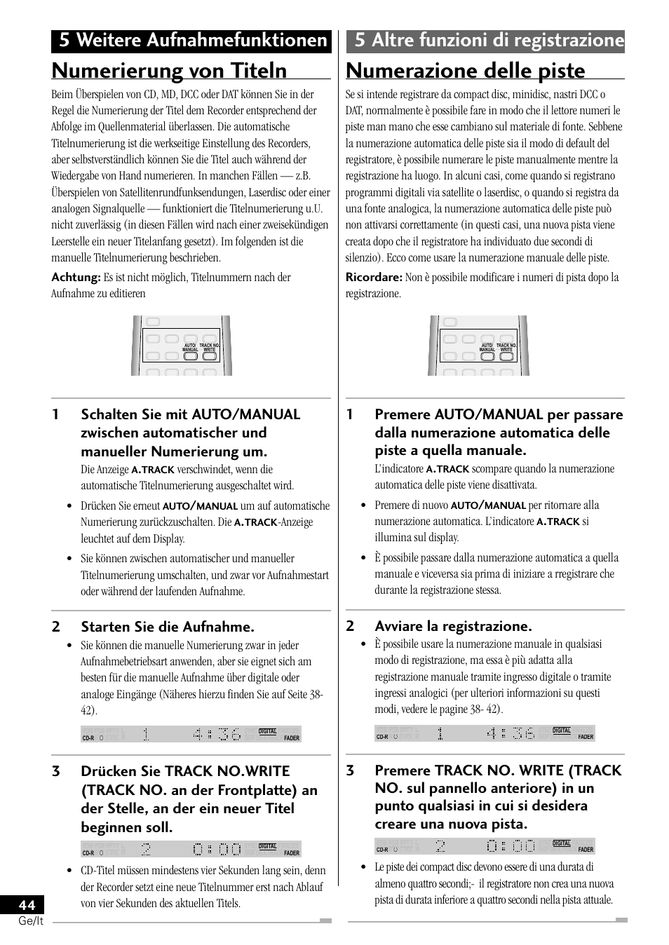 Numerierung von titeln, Numerazione delle piste, 2starten sie die aufnahme | 2avviare la registrazione, Die anzeige, L’indicatore | Pioneer PDR-L77 User Manual | Page 104 / 122