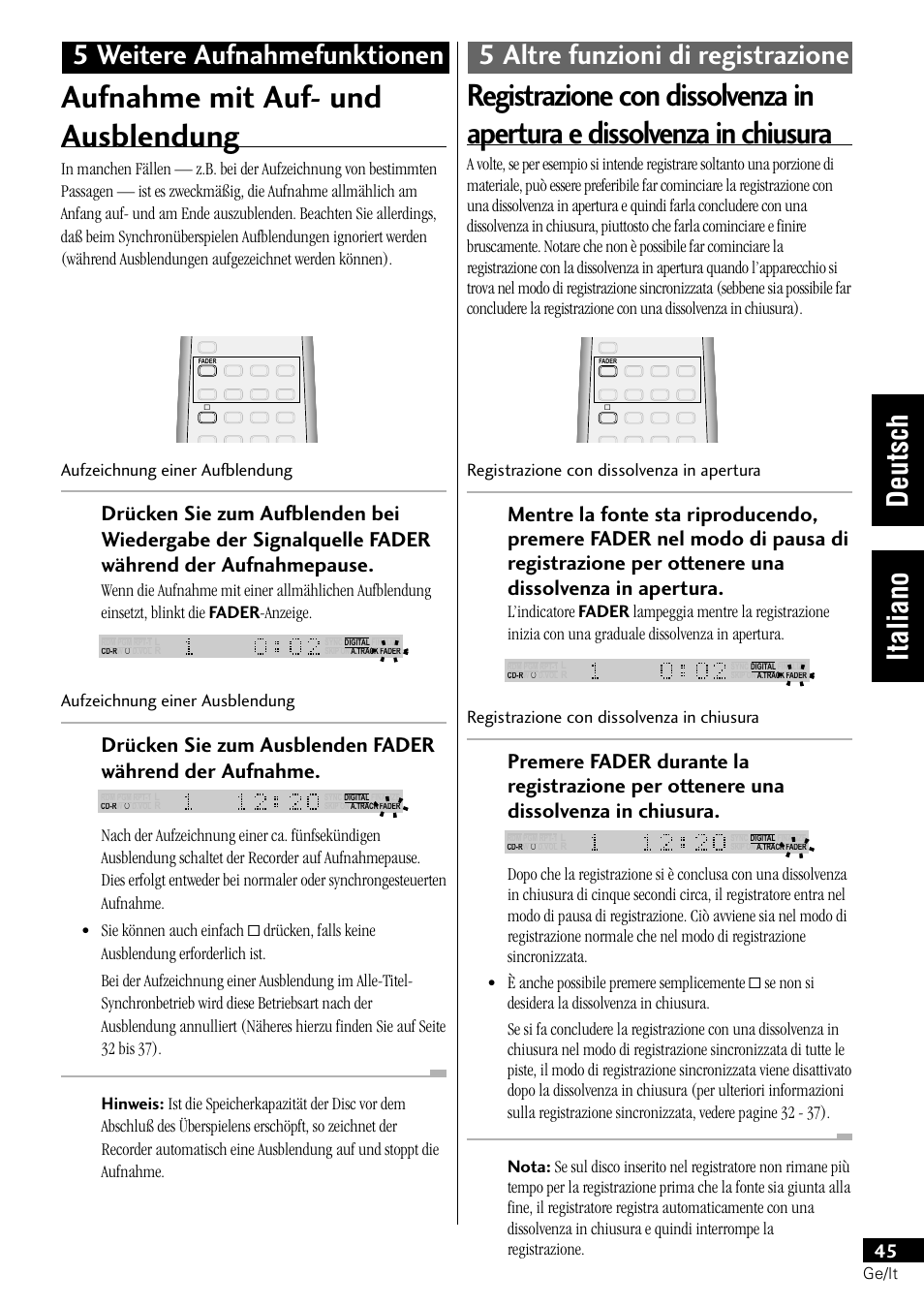 Aufnahme mit auf- und ausblendung, Aufzeichnung einer ausblendung, Registrazione con dissolvenza in apertura | Registrazione con dissolvenza in chiusura | Pioneer PDR-L77 User Manual | Page 105 / 122