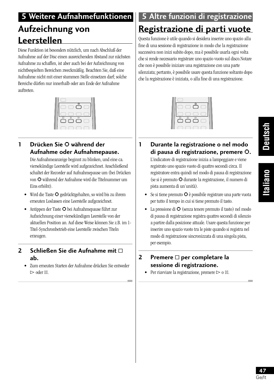 Aufzeichnung von leerstellen, Registrazione di parti vuote | Pioneer PDR-L77 User Manual | Page 107 / 122