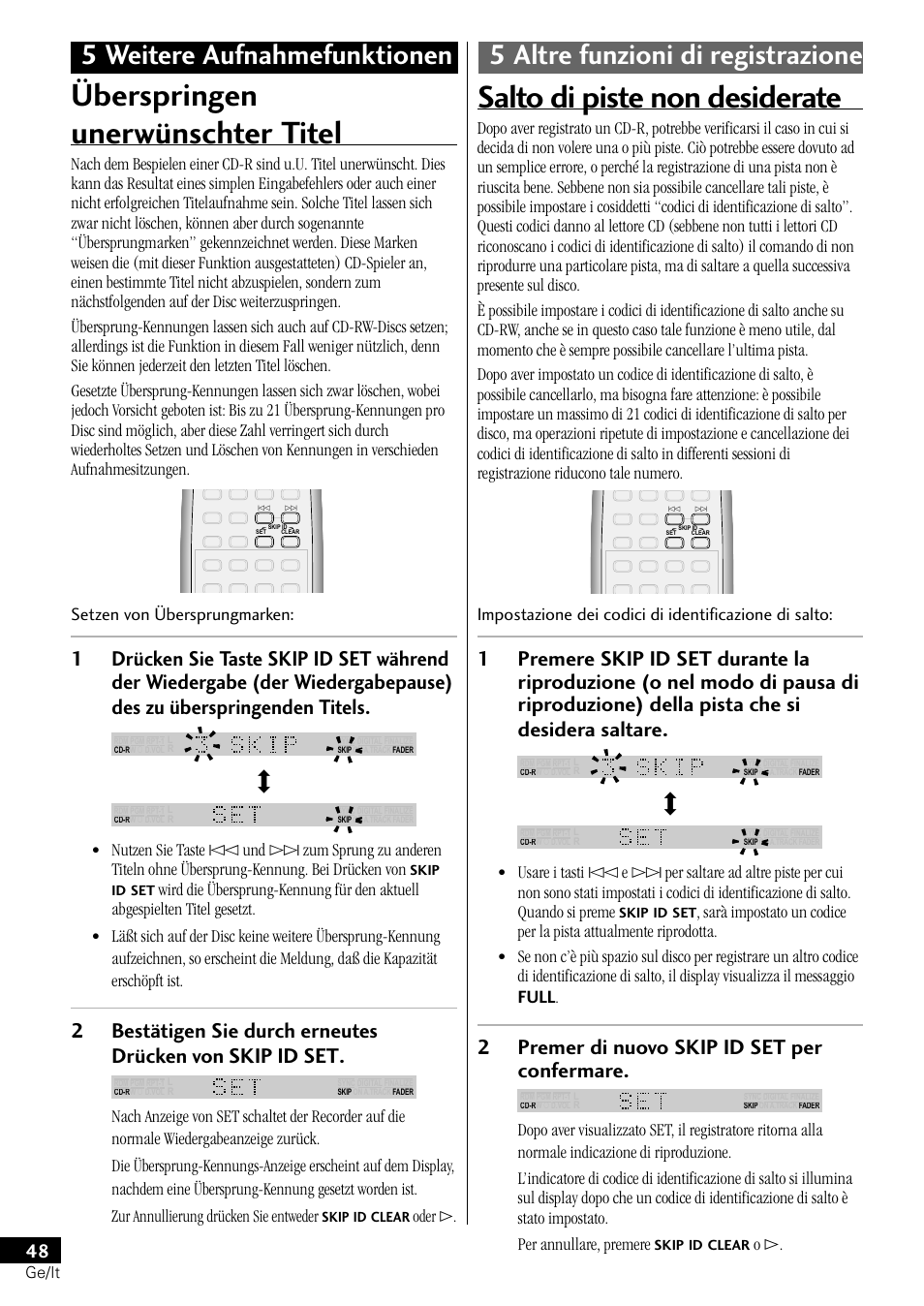 Überspringen unerwünschter titel, Salto di piste non desiderate, 2premer di nuovo skip id set per confermare | Setzen von übersprungmarken, Oder | Pioneer PDR-L77 User Manual | Page 108 / 122