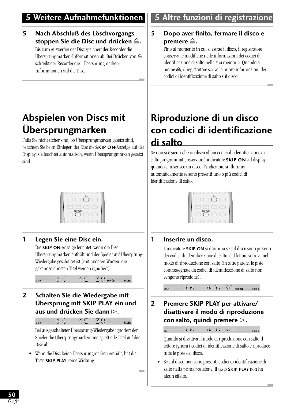 Abspielen von discs mit übersprungmarken, 1legen sie eine disc ein, 1inserire un disco | 5dopo aver finito, fermare il disco e premere ) | Pioneer PDR-L77 User Manual | Page 110 / 122