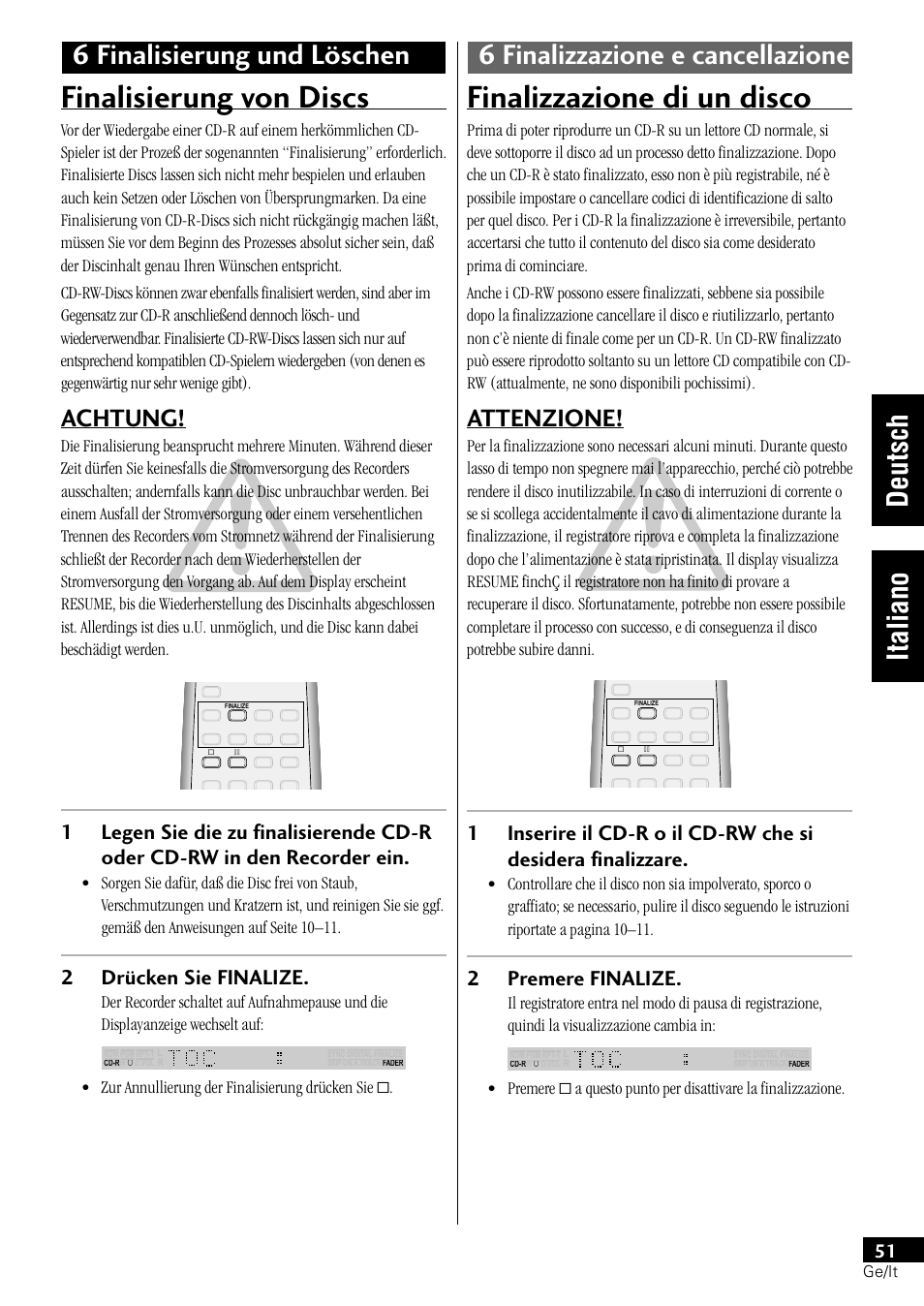 Finalisierung von discs, Finalizzazione di un disco, Achtung | Attenzione, 2drücken sie finalize, 2premere finalize | Pioneer PDR-L77 User Manual | Page 111 / 122