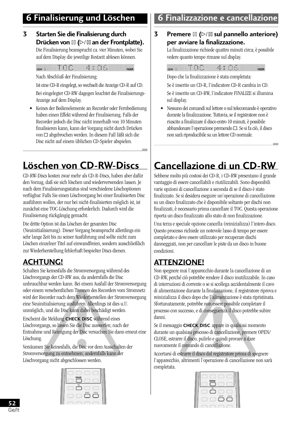 Löschen von cd-rw-discs, Cancellazione di un cd-rw, Achtung | Attenzione | Pioneer PDR-L77 User Manual | Page 112 / 122