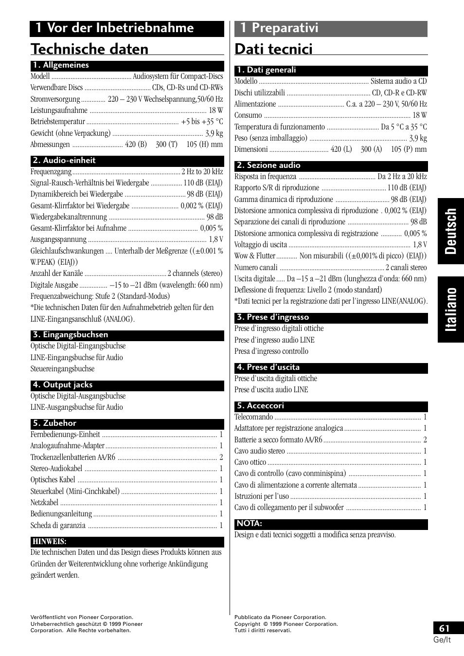 Technische daten, Dati tecnici | Pioneer PDR-L77 User Manual | Page 121 / 122