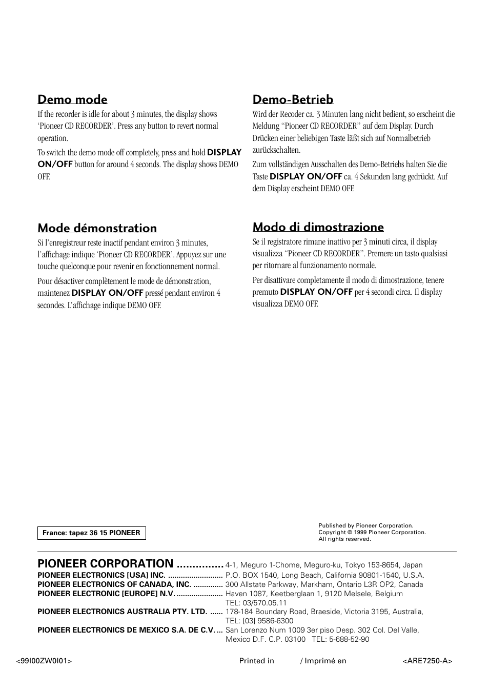 Demo-betrieb, Modo di dimostrazione, Demo mode | Mode démonstration, Pioneer corporation | Pioneer PDR-L77 User Manual | Page 122 / 122