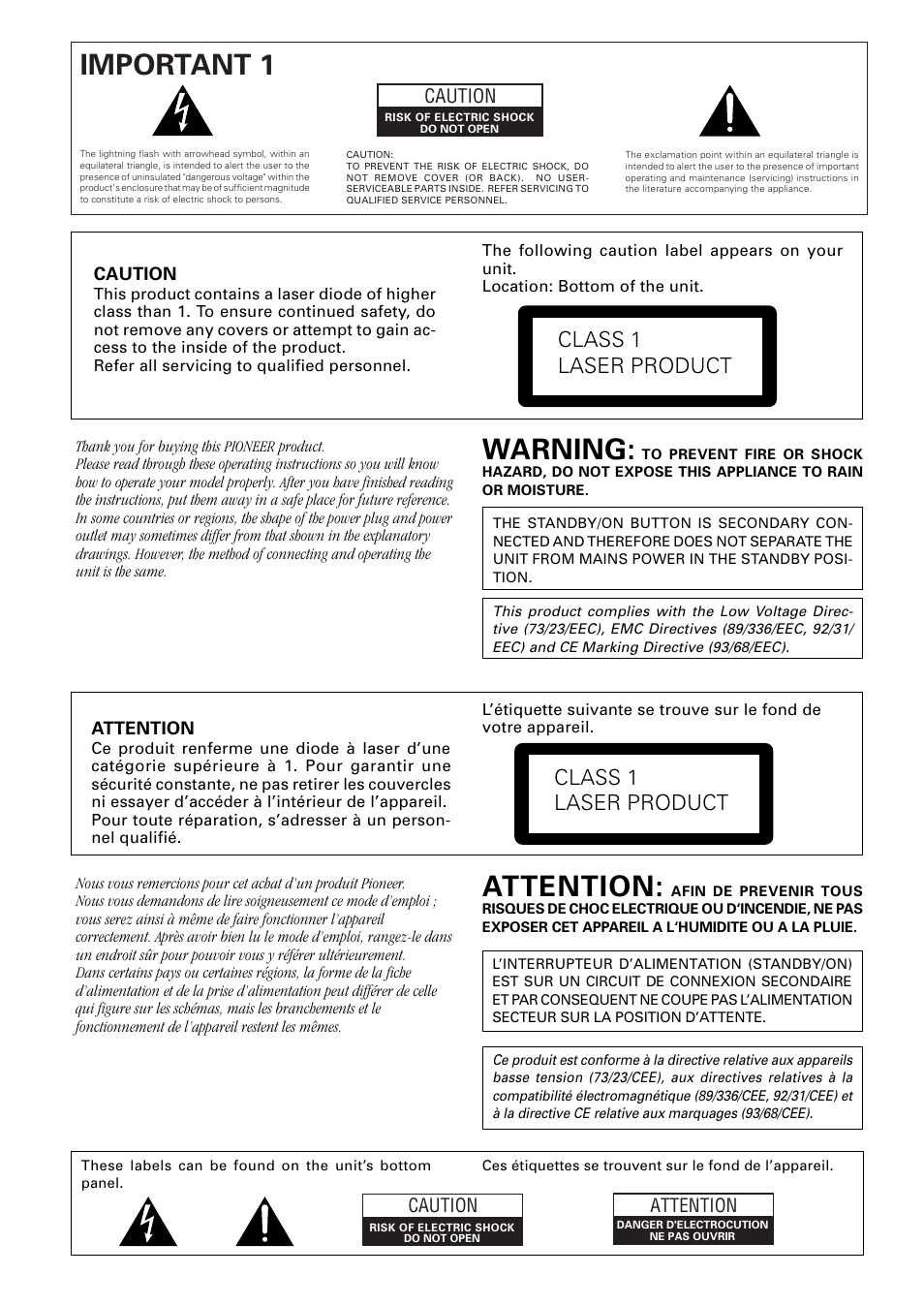 Warning, Attention, Important 1 | Class 1 laser product | Pioneer PDR-L77 User Manual | Page 2 / 122