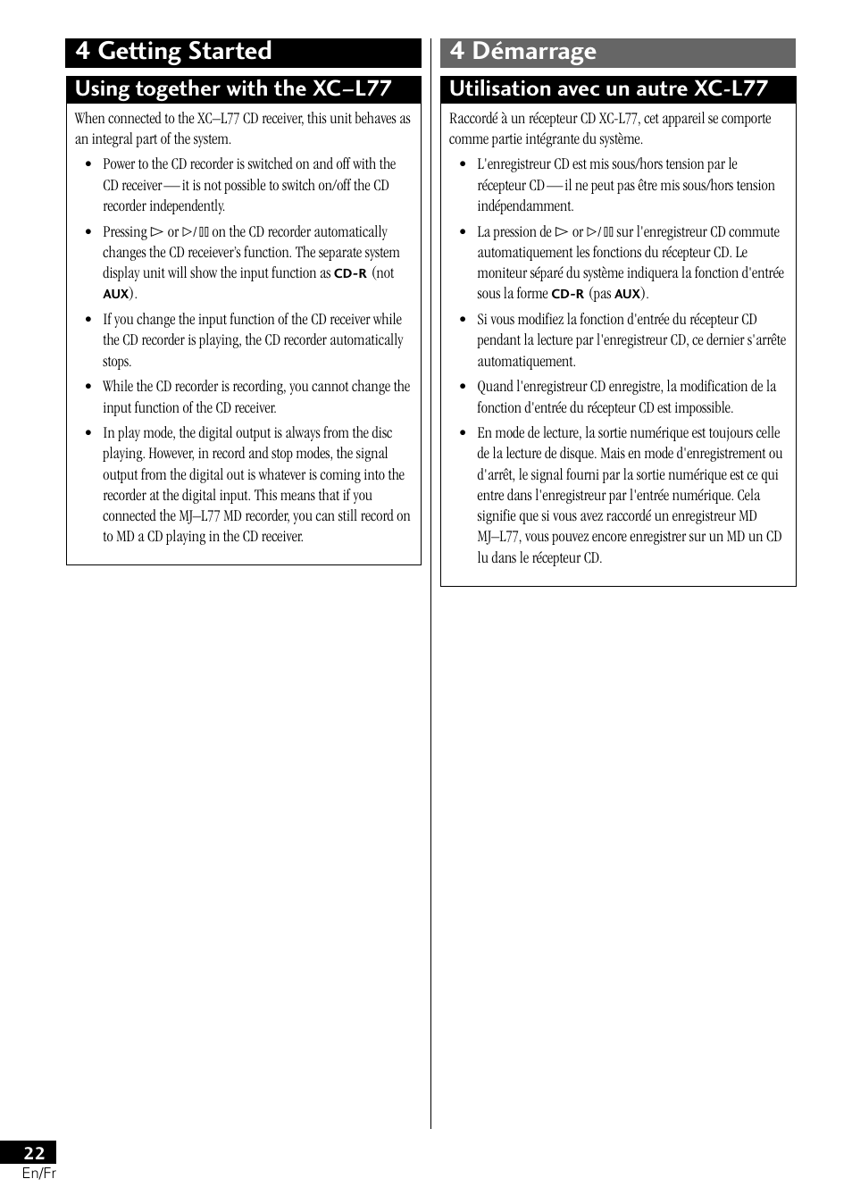 4 getting started 4 démarrage, Using together with the xc–l77, Utilisation avec un autre xc-l77 | Pioneer PDR-L77 User Manual | Page 22 / 122