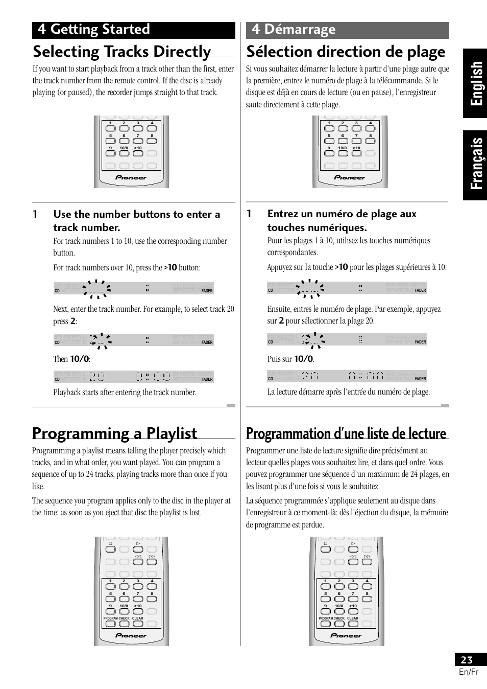 Selecting tracks directly programming a playlist, Programming a playlist, Selecting tracks directly | Sélection direction de plage, Programmation d'une liste de lecture, 4 getting started 4 démarrage, English français, 1use the number buttons to enter a track number, 1entrez un numéro de plage aux touches numériques, Then 10/0 | Pioneer PDR-L77 User Manual | Page 23 / 122