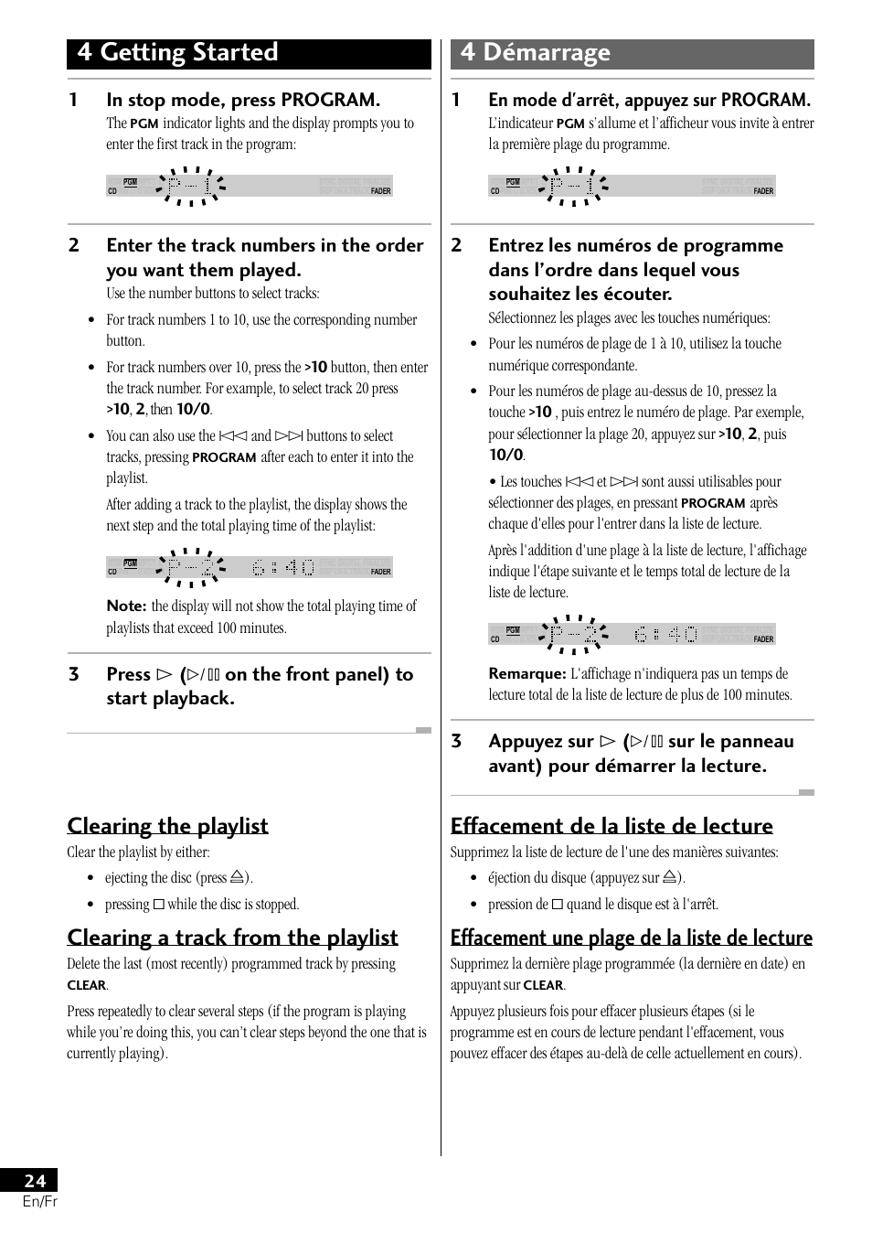 4 getting started 4 démarrage, Clearing the playlist, Clearing a track from the playlist | Effacement de la liste de lecture, Effacement une plage de la liste de lecture, 1in stop mode, press program | Pioneer PDR-L77 User Manual | Page 24 / 122